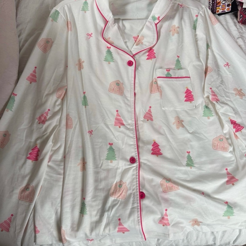 Christmas Pajama Set - White with Pink and Green Accents